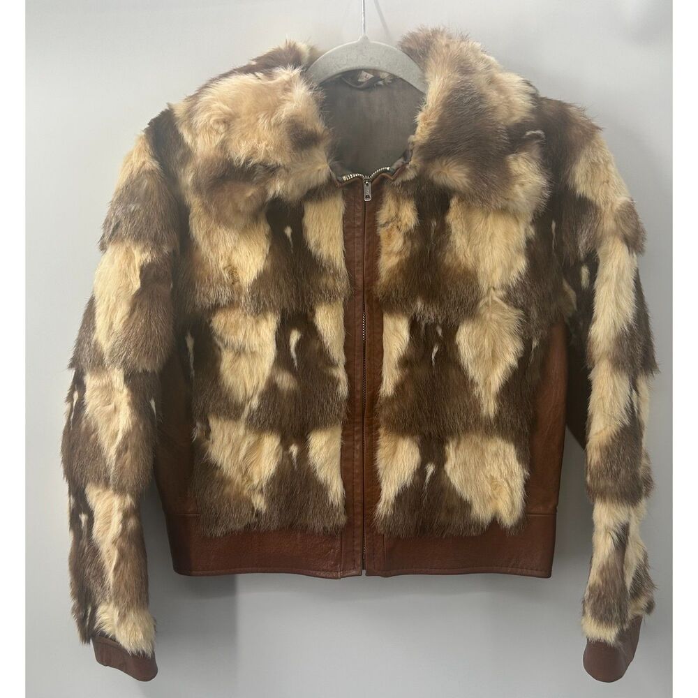 Vintage 70s Patchwork Rabbit Fur Leather Brown Bomber Jacket XS/S Flawed